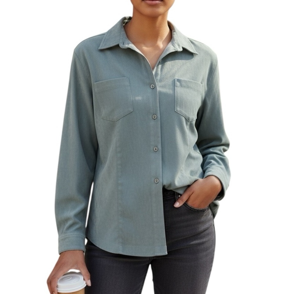 CASUAL CORNER Top Button Down Blouse Size Medium Petite Aqua Blue Long Sleeve